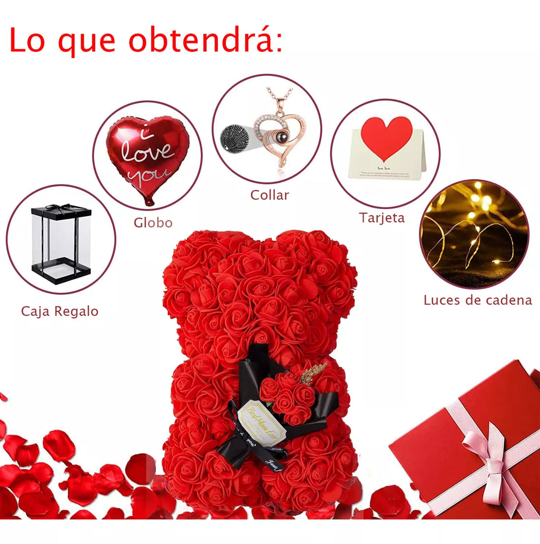 Oso De Rosas: Collar, globo, carta, caja