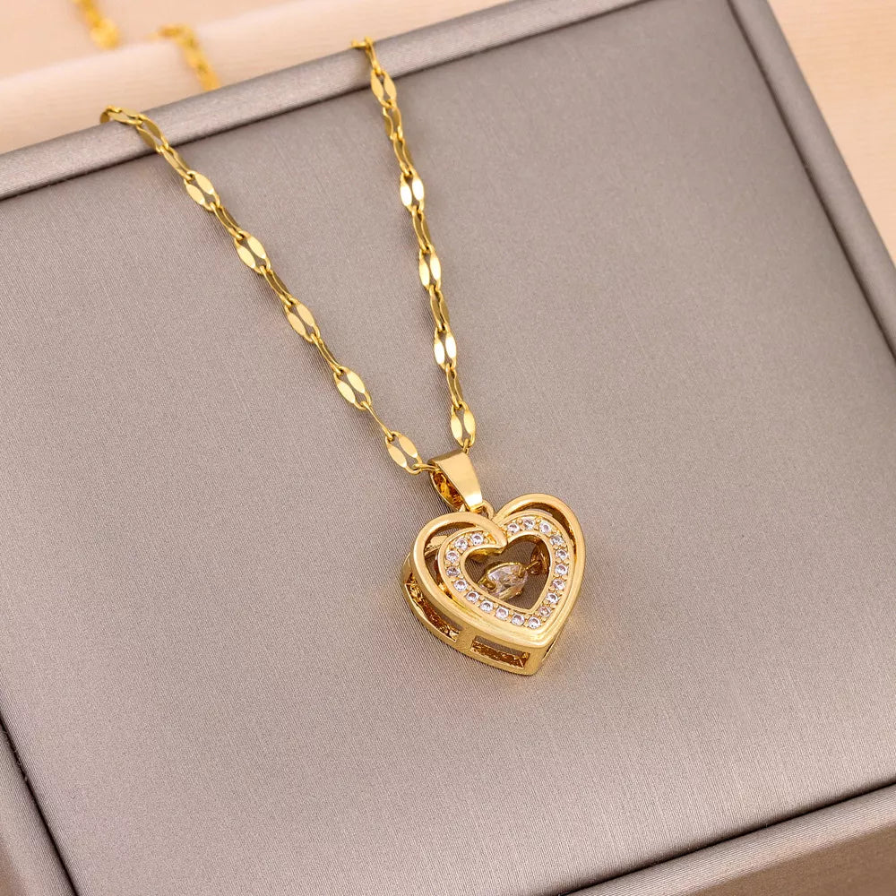 Collar Mujer De Corazón Con Baño De Oro 18k Elegante Dije Colgante Chapado En Oro Con Zirconia